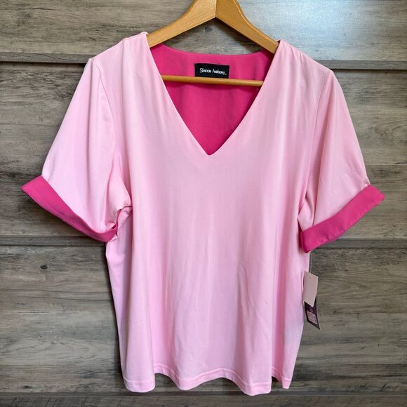 Sharon Anthony Dressy Pink V-neck Blouse NWT Cuffed Short Sleeves Women’s 1X - Picture 1 of 6